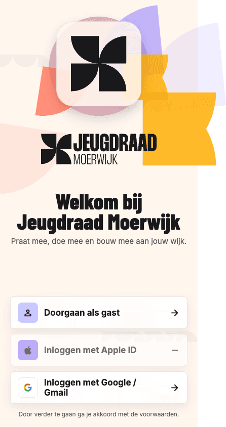 Welkomstscherm van de Jeugdraad Moerwijk-app