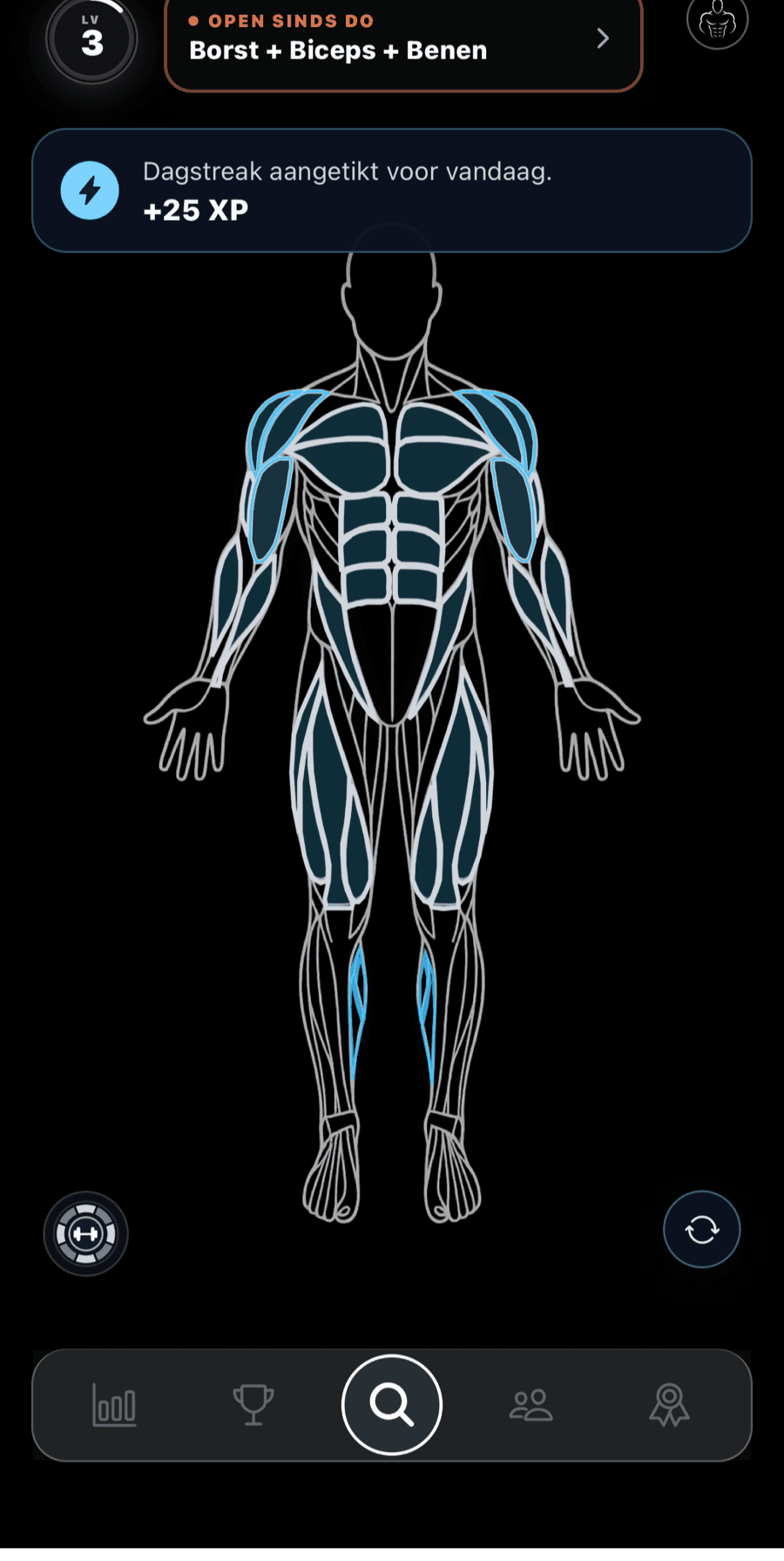 MyMuscle-scherm met een interactieve spierkaart
